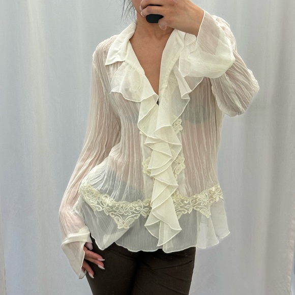Y2K sheer cream ruffle blouse - Picture 2 of 4